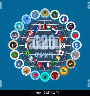 Illustration of flags and maps of the G-20 countries in the form of a logo on a globe. G20, top twenty economies of the world. Financial and economic Stock Photo