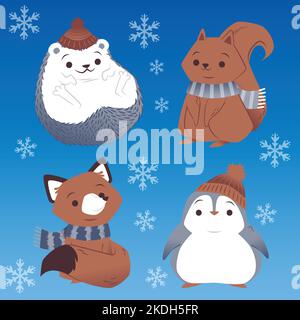 hand drawn flat winter animals collection vector design illustration Stock Vector