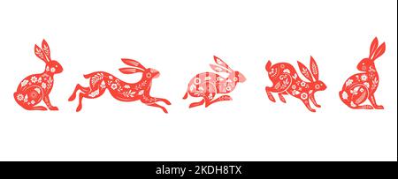 Collection of rabbits, bunnies illustrations. Chinese new year 2023 year of the rabbit - set of traditional Chinese zodiac symbol, illustrations, art Stock Vector