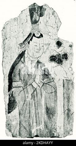 This image shows a Ugarish lady that was part of a fresco at The Bezeklik Thousand Buddha Caves  in Bezeklik near Murtuk in the Turfan region. The original is in the Royal Museum for Folklore in Berlin. The Bezeklik Thousand Buddha Caves is a complex of Buddhist cave grottos dating from the 5th to 14th century between the cities of Turpan and Shanshan (Loulan) at the north-east of the Taklamakan Desert near the ancient ruins of Gaochang in the Mutou Valley, a gorge in the Flaming Mountains,  in the Xinjiang region of western China. Stock Photo