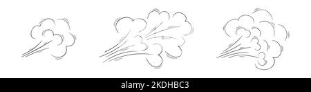 Air flow or wind blow doodle sketchtes. Swirl, gust, smoke, dust effect hand drawn icons isolated on white background. Vector graphic illustration. Stock Vector