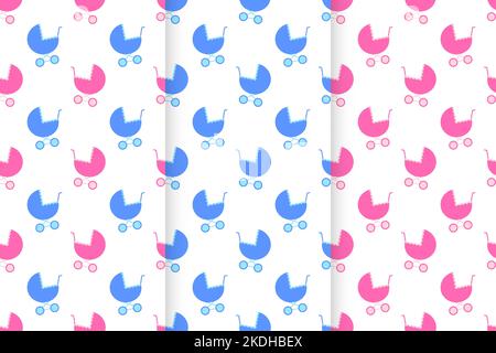 Set of seamless patterns with baby prams. Pink and blue strollers background for scrapbooking or wrapping paper, bedcloth fabric design. Vector flat illustration Stock Vector
