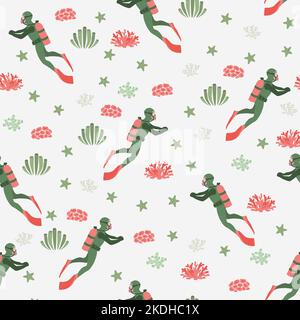 Vector seamless pattern witha diver, algae and starfish .Underwater cartoon creatures.Marine background.Cute ocean pattern for fabric, childrens Stock Vector