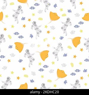 Vector seamless pattern with scuba diver, devilfish, algae, starfish,.Underwater cartoon creatures.Marine background.Cute ocean pattern for fabric Stock Vector