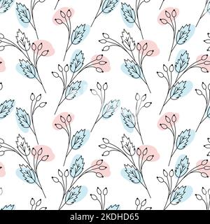 Contour Endless pattern from rosehip branches with spots in trendy pale marker hues. Abstract background. Isolate. Good for banner, wallpaper, web, poster or greeting, invitation, label. Vector. EPS Stock Vector