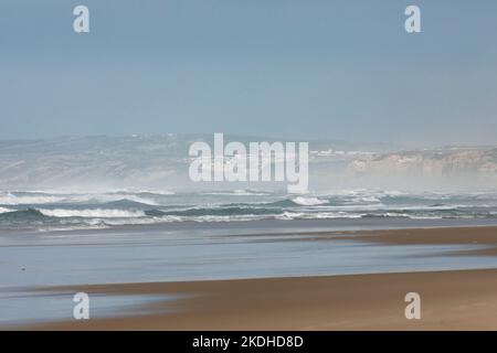 Europe, Portugal, Centro Region, Ferrel, Crashing Waves near Praia da Almagreira (A Popular Surfers' Beach) Stock Photo