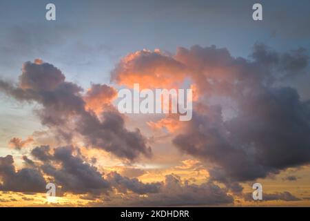 White fluffy cumulonimbus clouds forming before thunderstorm on evening sky. Changing stormy cloudscape weather at sunset Stock Photo