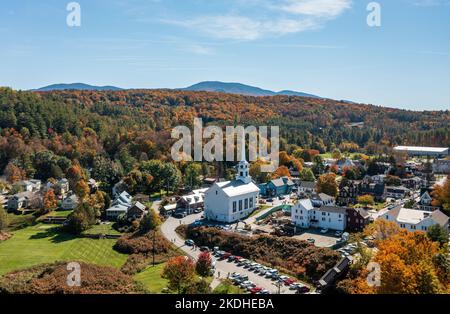 Stowe, VT - 6 October 2022: Aerial view of the town of Stowe in Vermont in the fall Stock Photo