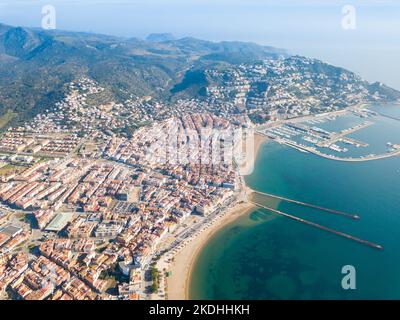 View from drone of Roses with yachts, Catalonia, Spain Stock Photo