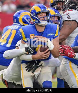 Tampa, United States. 06th Nov, 2022. Tampa Bay Buccaneers defenders wrap up Los Angeles Rams quarterback Matthew Stafford (C) during the first half at Raymond James Stadium in Tampa, Florida on Sunday, November 6, 2022. Photo by Steve Nesius/UPI Credit: UPI/Alamy Live News Stock Photo