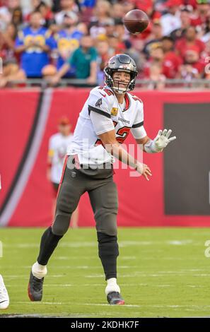 Tampa, United States. 06th Nov, 2022. Tampa Bay Buccaneers quarterback Tom Brady passes against the Los Angeles Rams during the first half at Raymond James Stadium in Tampa, Florida on Sunday, November 6, 2022. Photo by Steve Nesius/UPI Credit: UPI/Alamy Live News Stock Photo