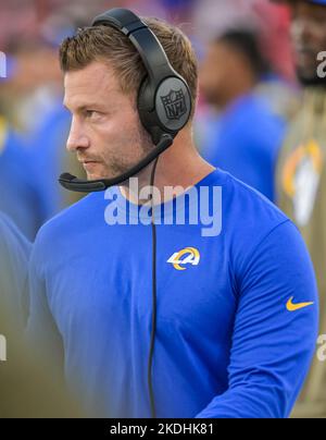 Tampa, United States. 06th Nov, 2022. Los Angeles Rams head coach Sean McVay walks the sidelines during the first half against the Tampa Bay Buccaneers at Raymond James Stadium in Tampa, Florida on Sunday, November 6, 2022. Photo by Steve Nesius/UPI Credit: UPI/Alamy Live News Stock Photo