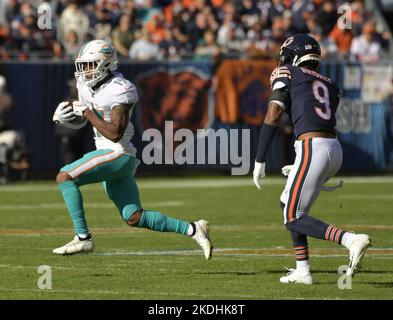 Miami Dolphins wide receiver Jaylen Waddle (17) catches a pass and turns to  make the touchdown during an NFL International Series game against the  Jacksonville Jaguars at Tottenham Hotspur Stadium, Sunday, Oct.