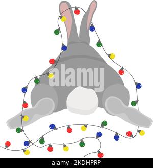 The gray rabbit sits with New Year light bulbs. Vector.  Stock Vector