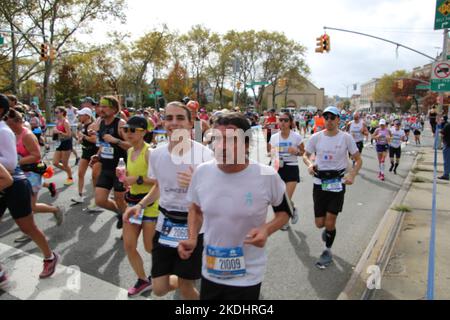 4th Ave & Senator St, Bayridge, Brooklyn, NY, 11220. 6 November, 2022. Setting out across New York Harbor’s iconic Verranzano Bridge at the crack of a temperate morning start and continuing through the city’s five boroughs, over 50,000 runners tackled a 26.2 mile course for the 2022 TCS New York City Marathon to the cheers of over sidewalk rock bands and 2 million spectators. Credit: Julia Mineeva/EGBN TV News/Alamy Live News/Alamy Live News Stock Photo