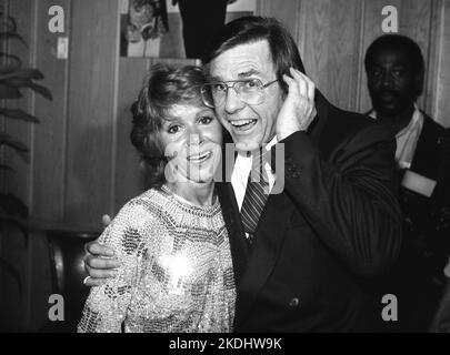 Judy Carne with Gary Owens at the Laugh In Syndication Party thrown by George Schlatter at Chasen's September 1983. Credit: Ralph Dominguez/MediaPunch Stock Photo