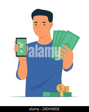 Man Getting Cash Money from Online Money Transfer by Smartphone Concept Illustration Stock Vector
