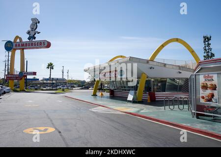 Exterior view of the oldest remaining McDonald's that sits in Downey, California, outside of Los Angeles, seen on Tuesday, May 10, 2022. Stock Photo