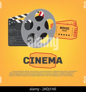 Cinema poster concept on yellow background. Composition with popcorn, clapperboard Stock Vector