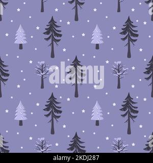 Seamless Christmas pattern with fir and tree in snow on violet background. Happy New Year print with snowflakes for holiday decorations, wrapping paper, textiles and design. Vector flat illustration Stock Vector