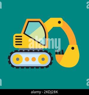 Stylized image of excavator, heavy construction equipment in cartoon style. Vector icon, logo, excavation and construction Stock Vector