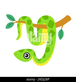Cute snake, a smiling boa character hanging on a tree branch. Vector illustration on white background Stock Vector