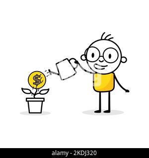 Man is watering a money tree with a watering can. Boy gardener grows plant. Green economy and funding concept. Vector stock illustration. Stock Vector