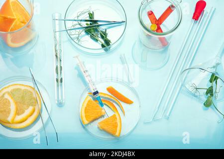 Laboratory glassware with plants and citrus fruits. top view Stock Photo