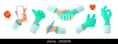 3d render, doctor hands, medical staff palms in robe and gloves ok and thumb up gestures, handshake, writing notes, love heart and holding smartphone isolated set Cartoon Illustration in plastic style Stock Photo