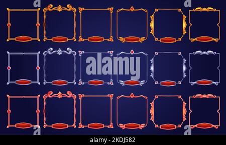 Golden silver copper vintage game frames, ui medieval square borders from metal, gems and red buttons. Cartoon empty metallic bordering with gemstone isolated design elements, Vector illustration set Stock Vector