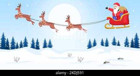 santa claus riding flying deers over winter landscape Stock Vector
