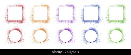 Spray paint frames, colour brush stencil graffiti borders square and round shapes. Grunge airbrush texture, inky contour forms with red green blue splashes and yellow purple drips, isolated Vector set Stock Vector