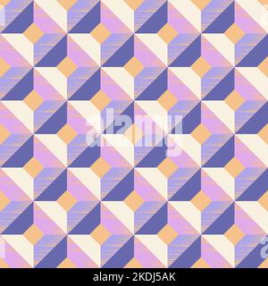 Geometric seamless pattern of squares and rhombuses in blue grey, blue purple, mauve, cream and apricot colors. Design for wallpaper, wrapping products, textiles, fabrics. Stock Vector