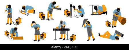 Welder at work, flat vector illustration set. Male characters in uniform and protective mask welding metal pipes, sitting, standing, lying, using equipment isolated on white background. Occupation Stock Vector