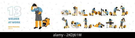 Welder at work scenes set. Construction worker repairs metal pipes in different poses. Man in safety mask work with welding machine isolated on white background, vector hand drawn illustration Stock Vector