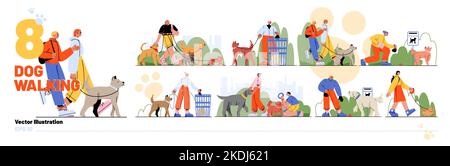 Set of people walking and cleaning up after dogs. Flat vector illustration of happy casual men and women training, playing, having fun with pet animals of different breeds. Active leisure, friendship Stock Vector