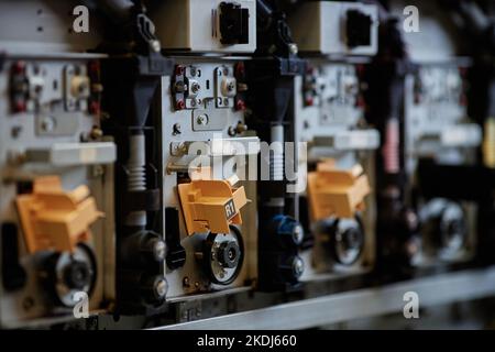 Close up background image of complex printing machine parts in industrial shop, copy space Stock Photo