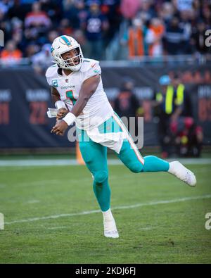 Chicago, IL, USA. 6th Nov, 2022. Chicago Bears #11 Darnell Mooney  celebrates his touchdown with quarterback #1 Justin Fields during a game  against the Miami Dolphins in Chicago, IL. Mike Wulf/CSM/Alamy Live