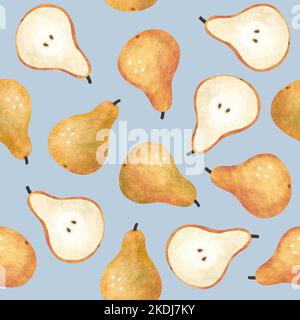 Cute seamless pattern with fresh juicy halved pears. Hand drawn isolated fruits on blue background. For wrapping, textile, fabric design. Stock Photo