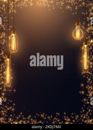 Background with warm light Edison light bulbs and golden glitter. Stock Vector