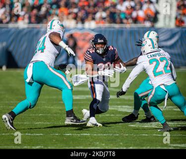 Chicago, IL, USA. 6th Nov, 2022. Chicago Bears #11 Darnell Mooney  celebrates his touchdown with quarterback #1 Justin Fields during a game  against the Miami Dolphins in Chicago, IL. Mike Wulf/CSM/Alamy Live