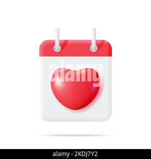 3D Red Calendar with Heart Icon Isolated. Stock Vector