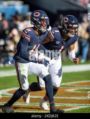 November 6, 2022: Chicago Bears #11 Darnell Mooney celebrates his touchdown  with quarterback #1 Justin Fields