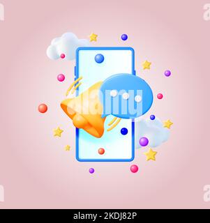 3D Notification Popup with Bell in Smartphone Stock Vector