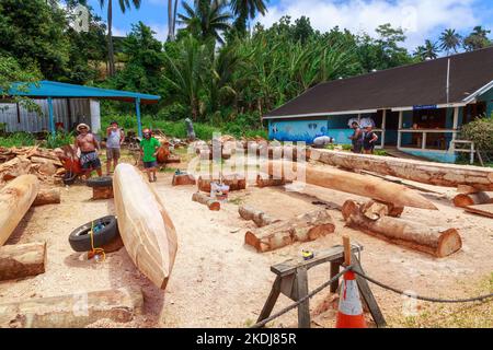 Partially completed wooden vaka (ceremonial canoes) at a workshop on Rarotonga, Cook Islands Stock Photo