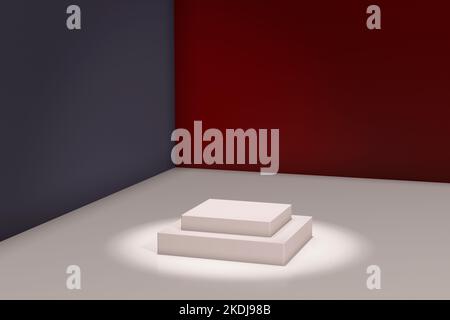 Blank white rectangular catwalk in studio with red and blue walls. 3D illustration. Stock Photo