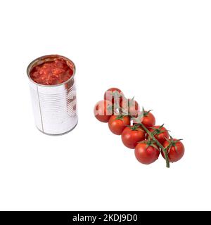 The transition from fruit to tomato sauce in a tin can on a transparent background Stock Photo