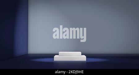 Empty rectangular podium in blue studio. Exhibition and business presentation stage. 3D illustration. Stock Photo