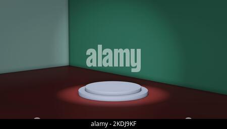 Blank round white white catwalk in studio with green walls minimal interior on red floor. 3D illustration. Stock Photo