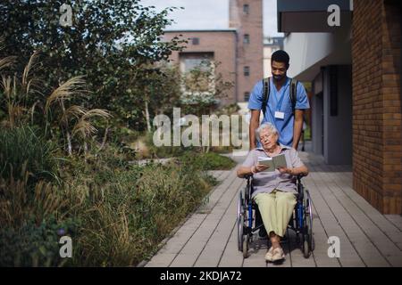 Caregiver man pushing senior woman at wheelchair on the street. Stock Photo